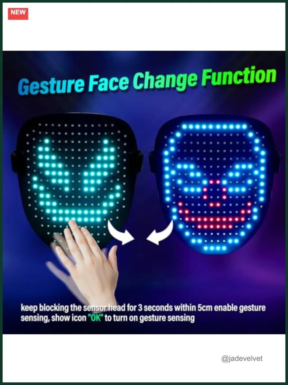 LED Mask with Gesture Control – 25 Graphics & 50 Patterns, Rechargeable,